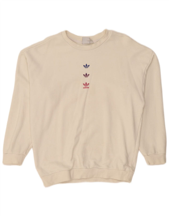 Felpa oversize con grafica Adidas da donna, maglione UK 10, piccola, bianco sporco