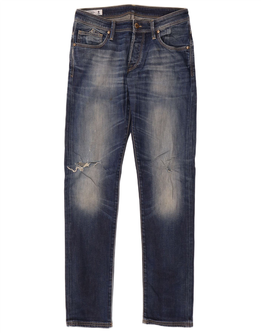 Jeans slim invecchiati con grafica da uomo uniforme W32 L33 cotone blu