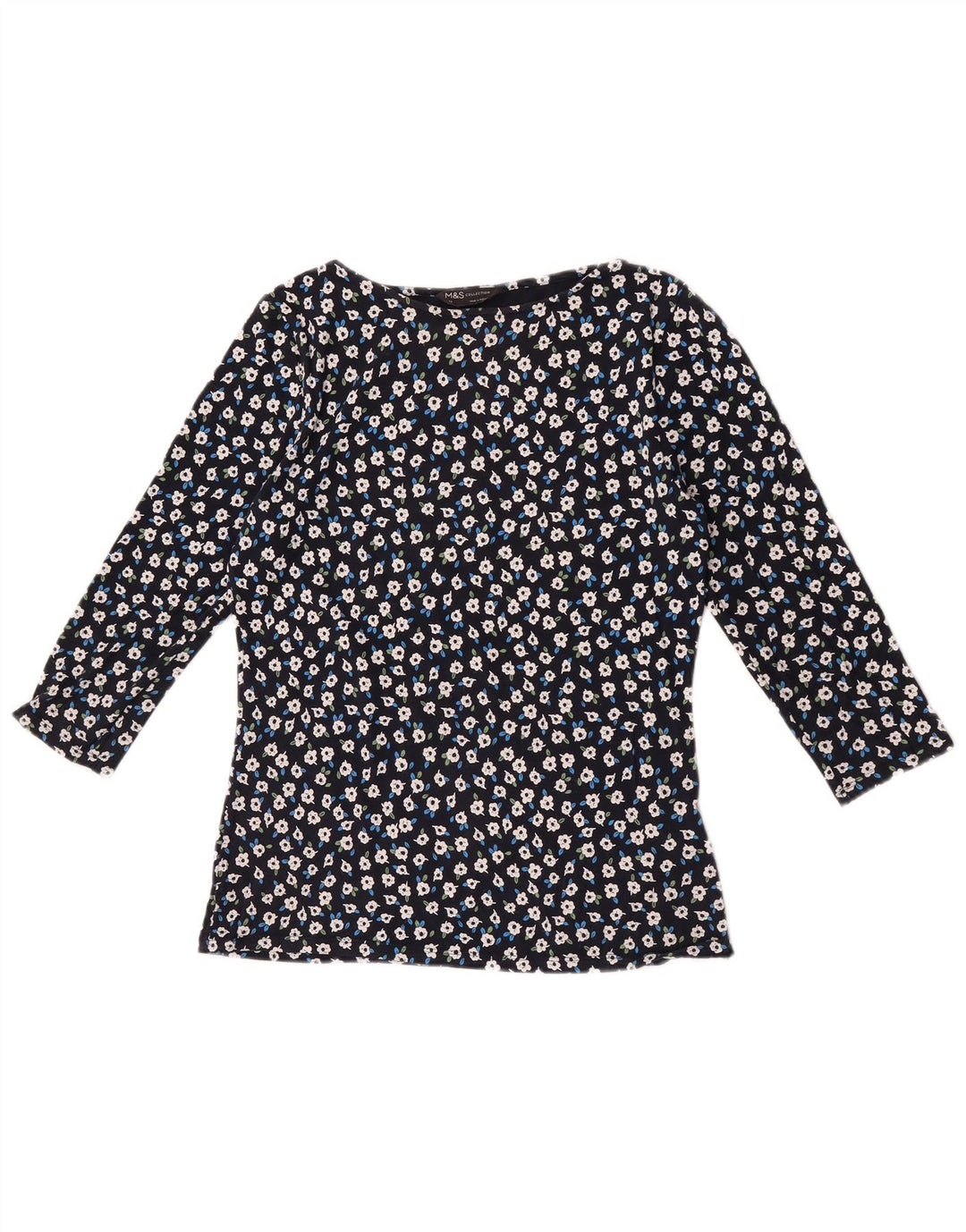 Marks & Spencer Top da donna manica 3/4 UK 12 cotone floreale medio blu navy