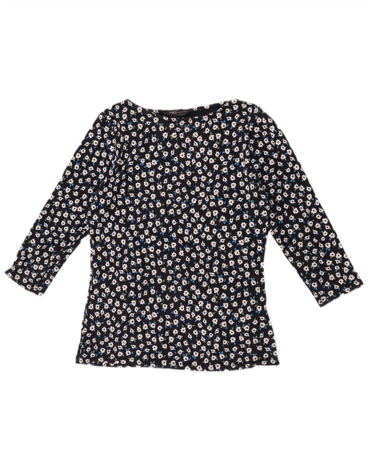 Marks & Spencer Top da donna manica 3/4 UK 12 cotone floreale medio blu navy