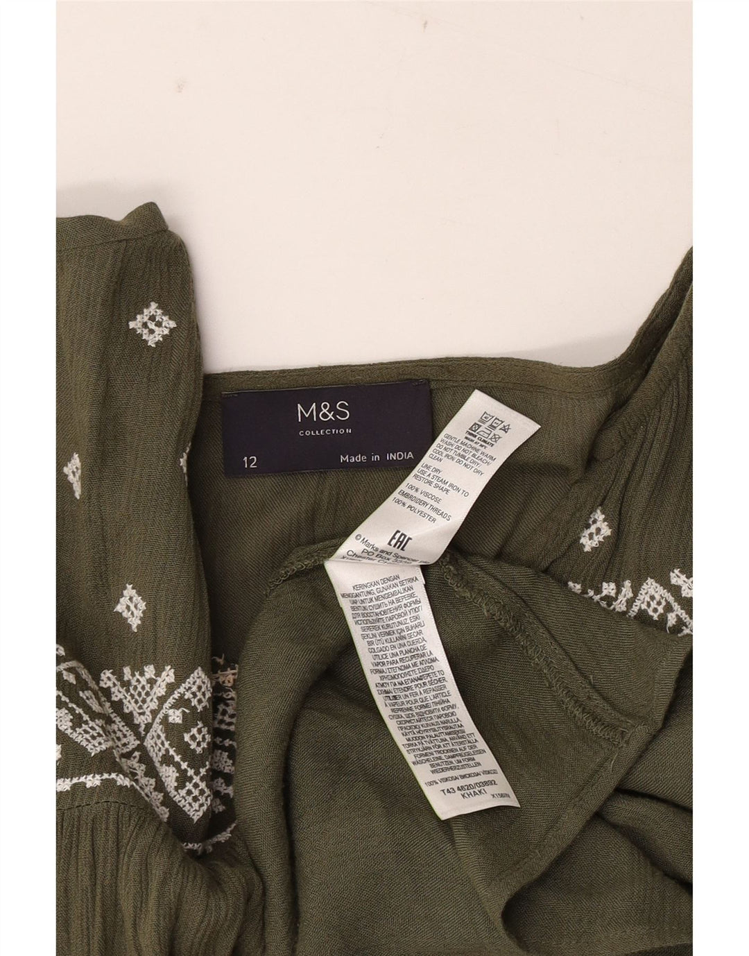 Top camicetta a maniche lunghe da donna Marks & Spencer UK 12 medio kaki geometrico