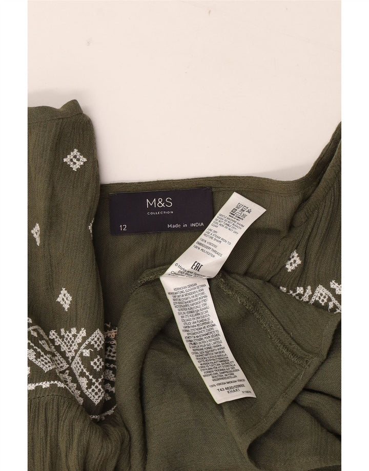 Top camicetta a maniche lunghe da donna Marks & Spencer UK 12 medio kaki geometrico