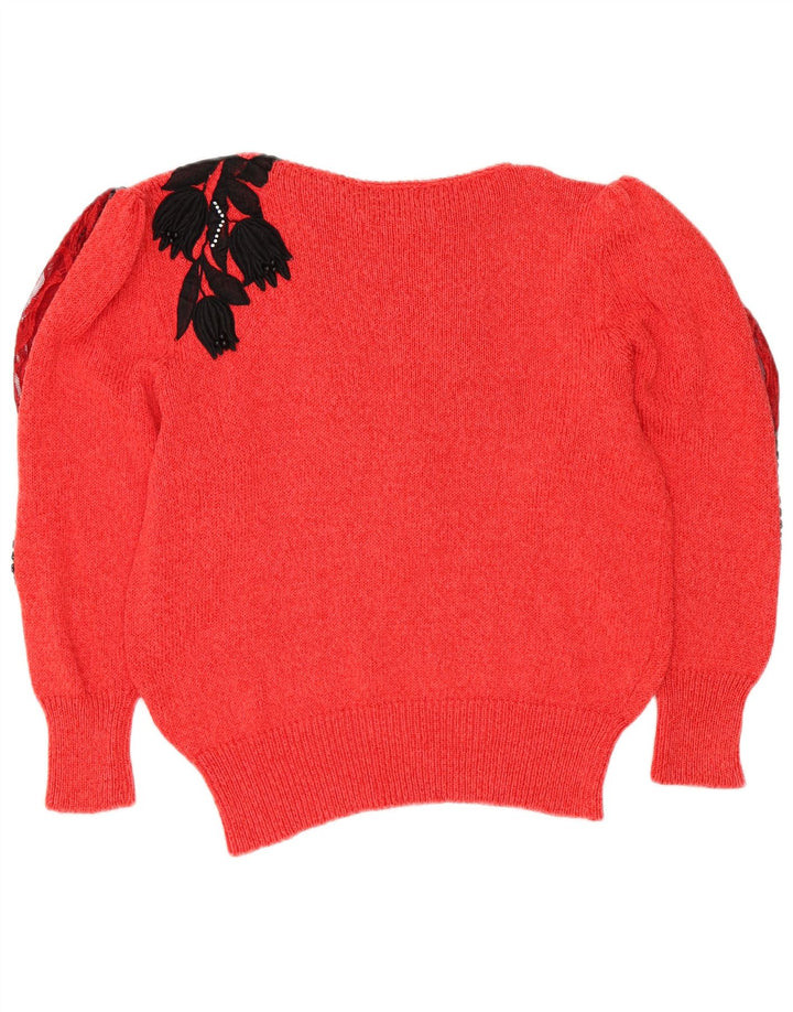 VINTAGE Womens V-Neck Jumper Sweater UK 14 Medium Red Floral