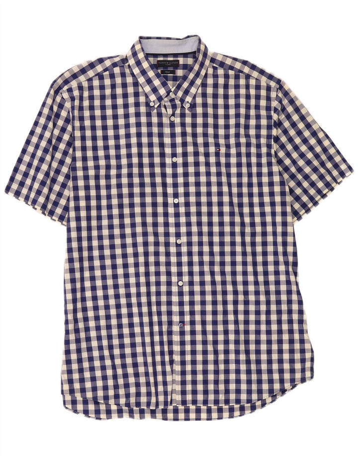 Camicia aderente da uomo Tommy Hilfiger taglia 45 18 2XL a quadretti blu navy