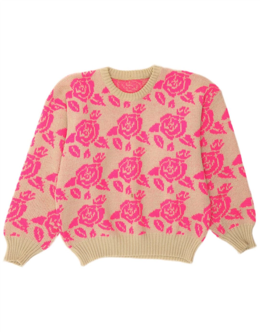Maglione maglione girocollo da donna vintage UK 14 floreale rosa medio