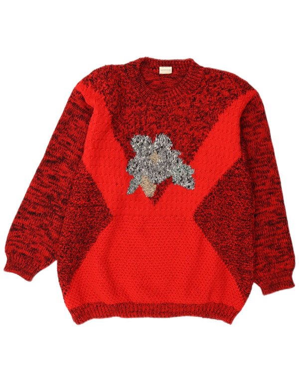 Maglione maglione girocollo con grafica vintage da donna UK 14 rosso medio chiazzato