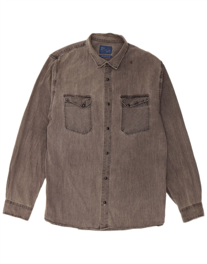 Camicia in denim vestibilità regolare da uomo Zara XL in cotone grigio