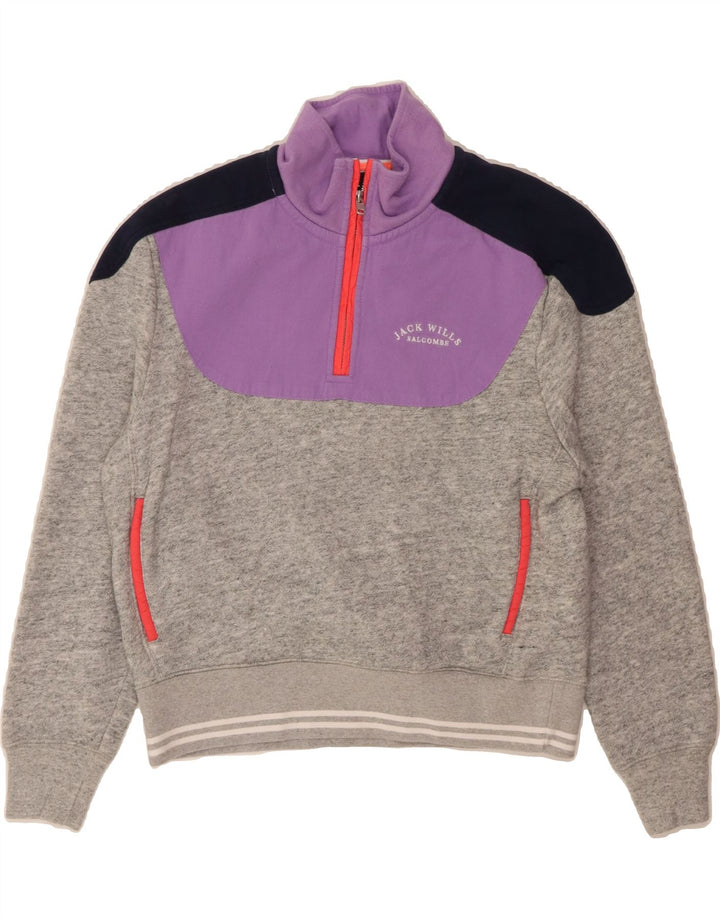 JACK WILLS Womens Crop Sweatshirt Jumper UK 14 Large Grey Colourblock Vintage Jack Wills and Second-Hand Jack Wills from Messina Hembry 