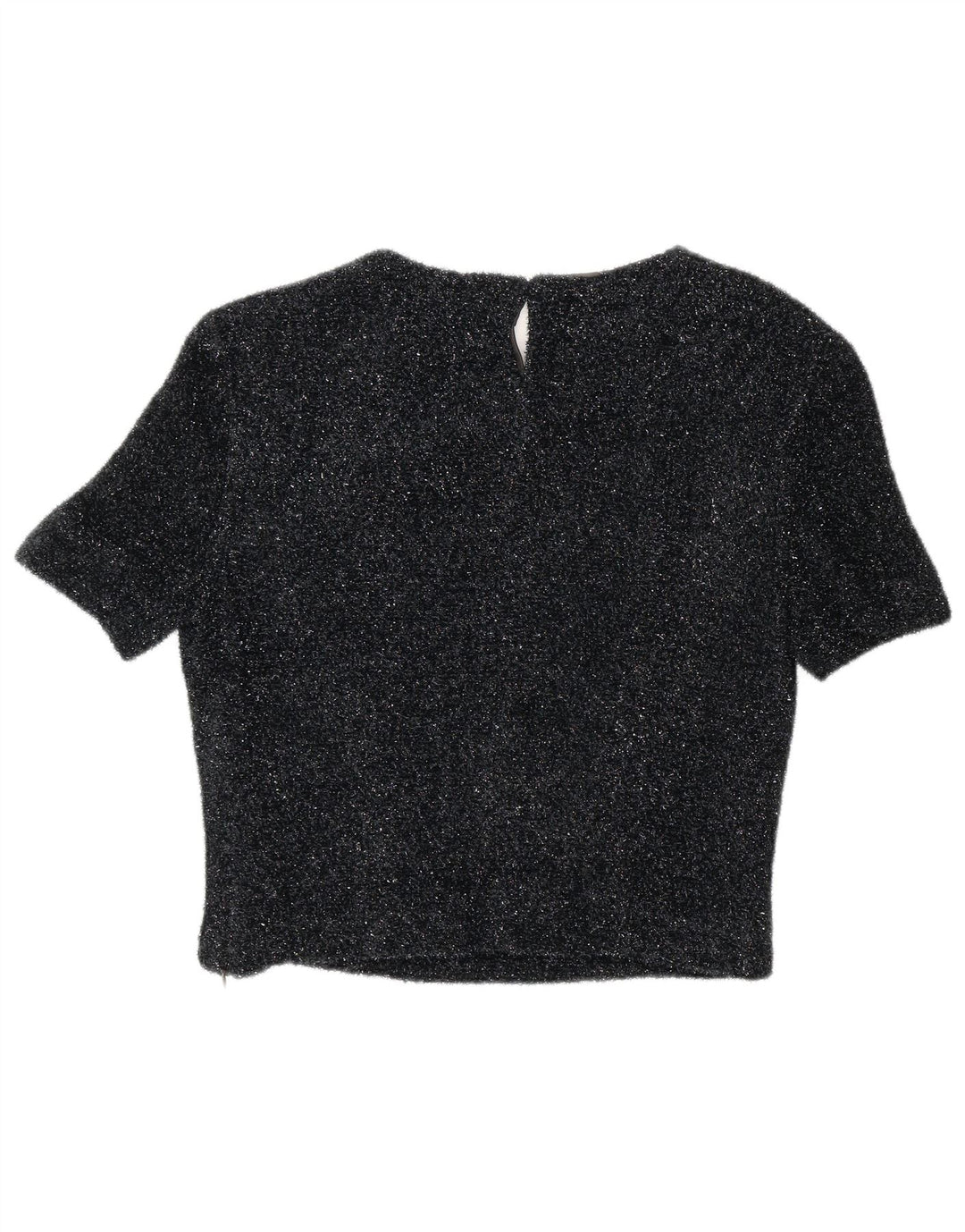 Top corto da donna vintage in camicetta EU 42 grande poliestere chiazzato nero