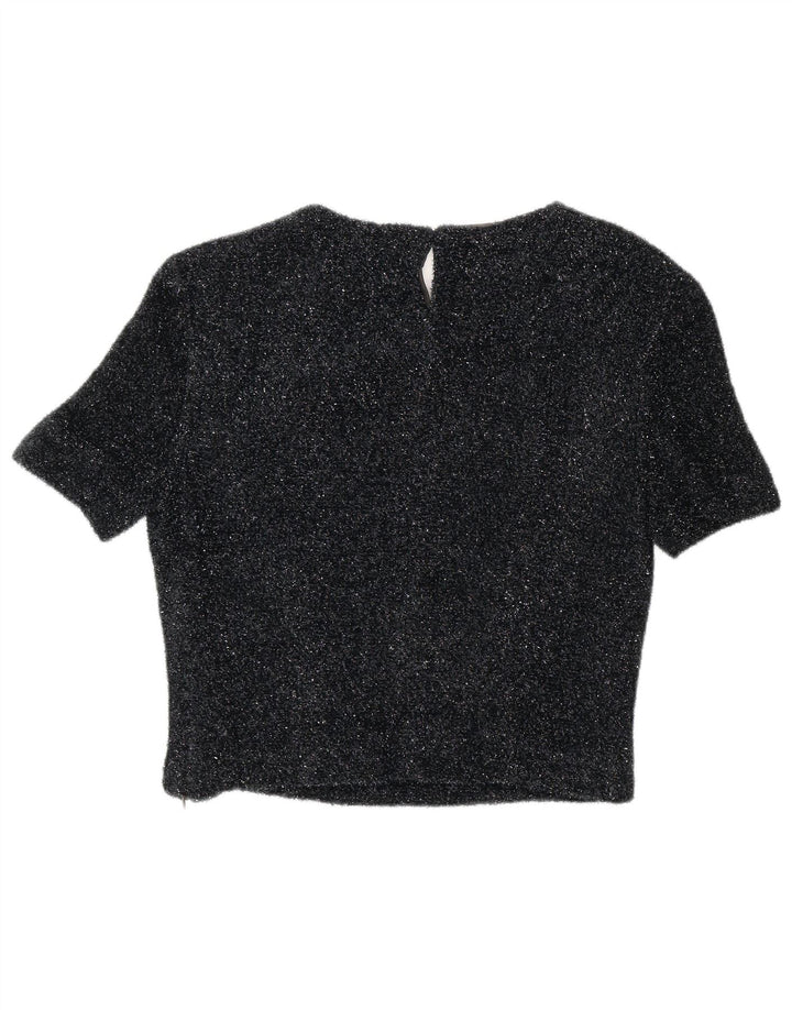 Top corto da donna vintage in camicetta EU 42 grande poliestere chiazzato nero