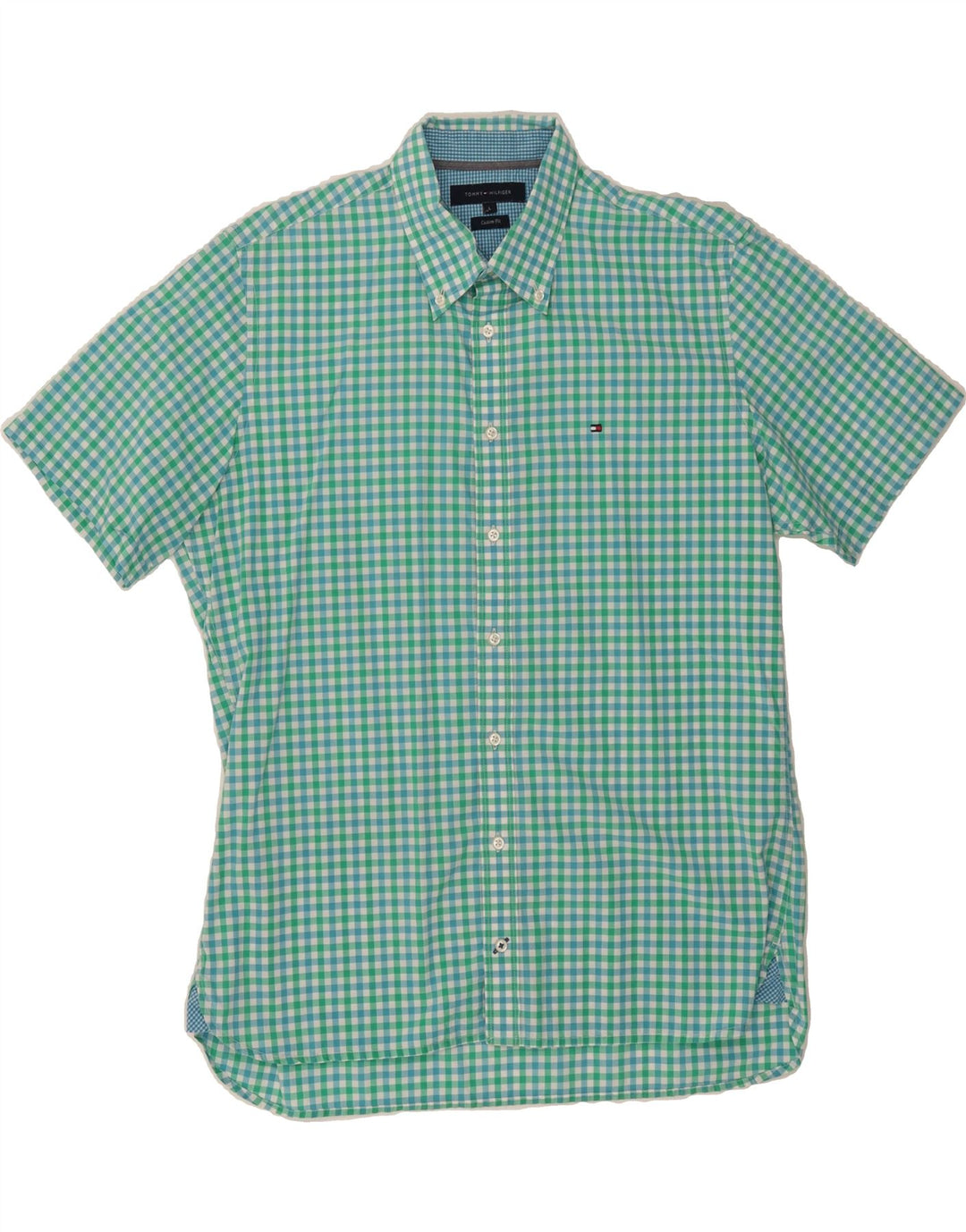 TOMMY HILFIGER Mens Custom Fit Short Sleeve Shirt Large Green Gingham