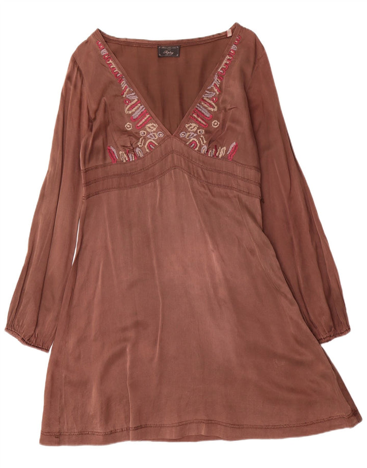 Abito a trapezio con grafica a maniche lunghe da donna Replay UK 12 Seta marrone medio