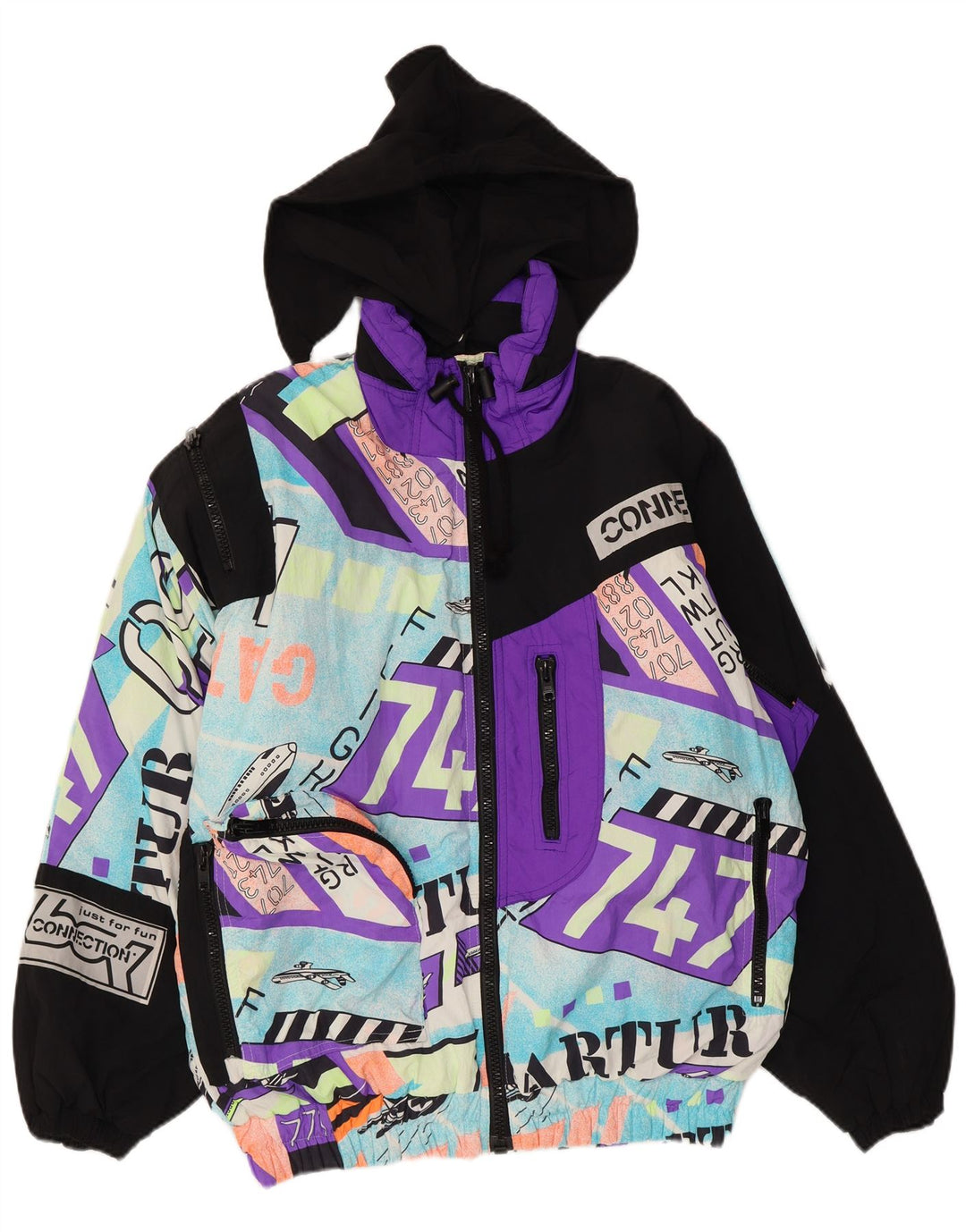 Giacca da sci vintage da uomo con cappuccio grafico UK 40 grande poliammide multicolore