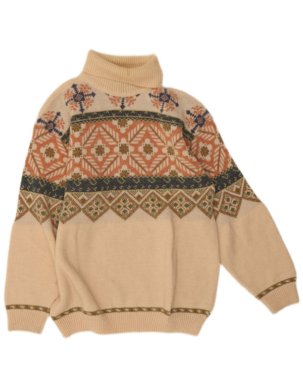 Maglione maglione vintage da donna con collo alto UK 14 Lana Fair Isle beige grande