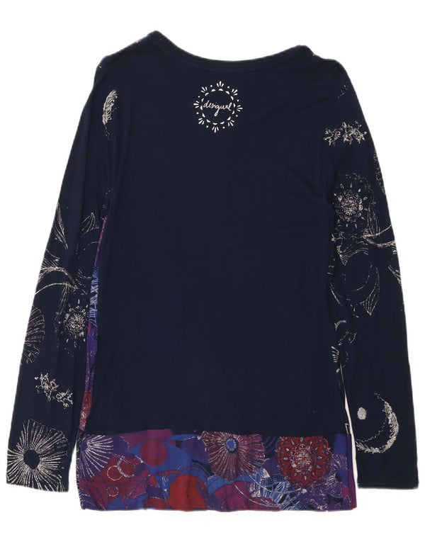Desigual Donna Tunica a Maniche Lunghe Top UK 14 Grande Viscosa Floreale Blu Navy