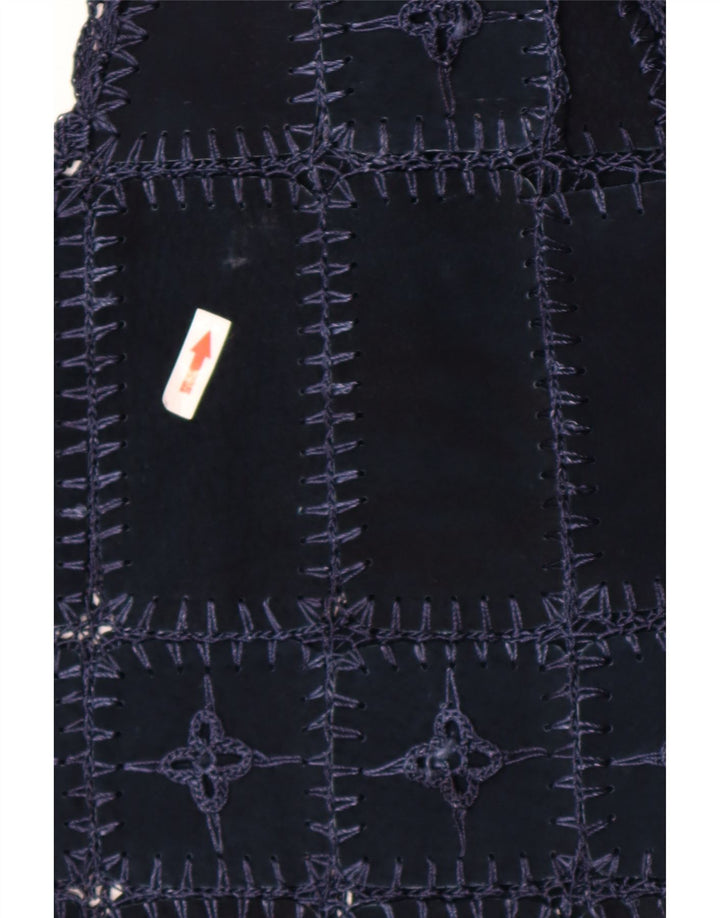 Gilet vintage da donna in pelle scamosciata UK 14 patchwork medio blu navy