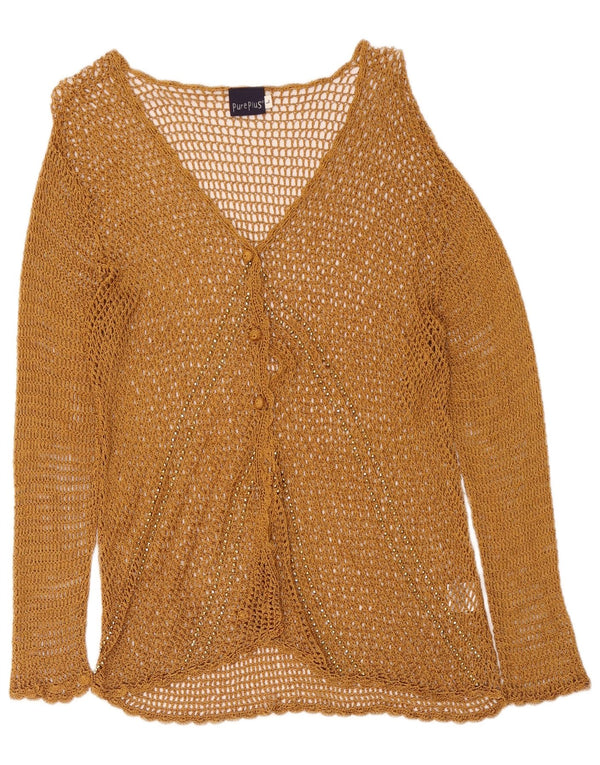 Maglione cardigan all'uncinetto da donna vintage UK 14 grande rayon beige