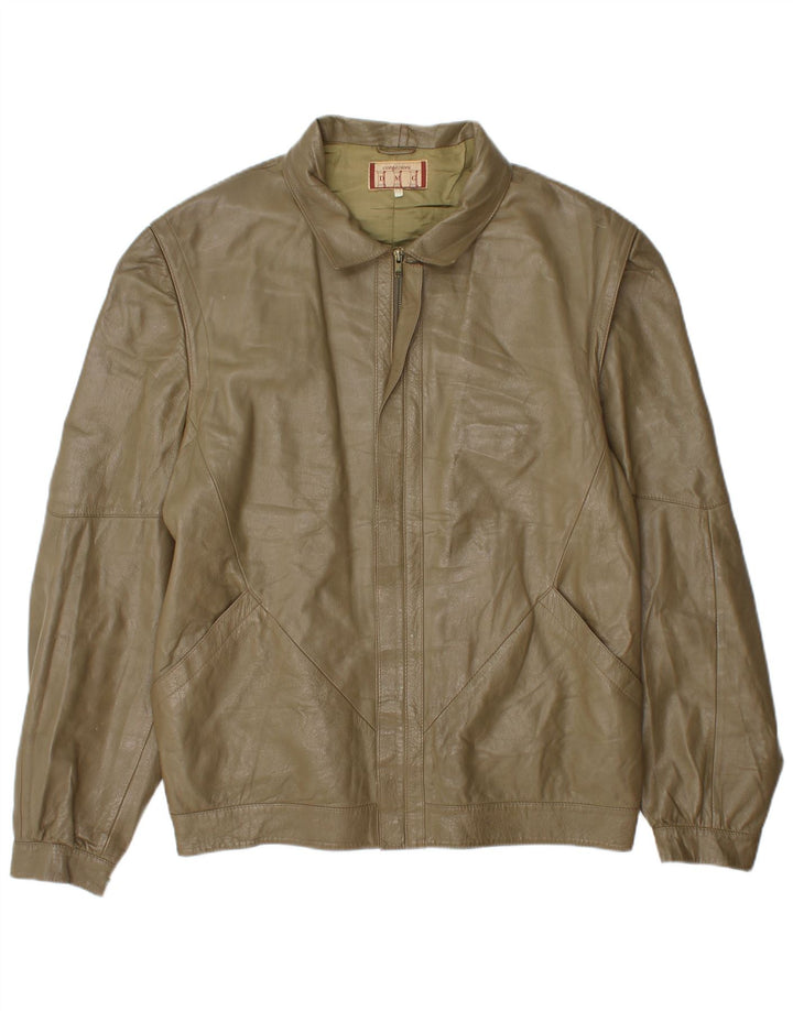 VINTAGE Mens Leather Jacket IT 56 3XL Khaki Leather