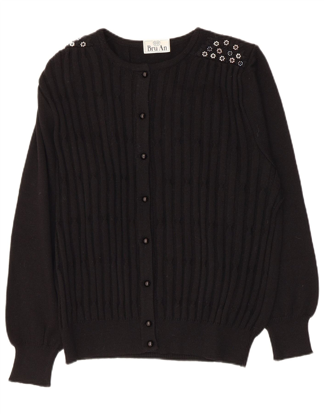 Maglione cardigan da donna vintage UK 14 lana vergine nera media