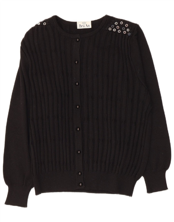 Maglione cardigan da donna vintage UK 14 lana vergine nera media