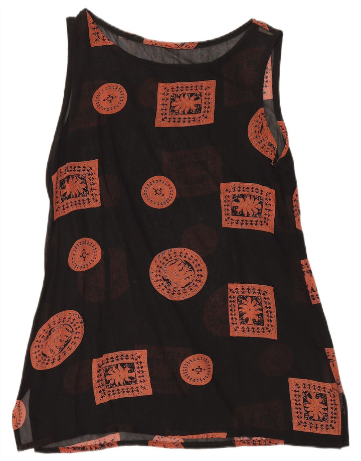 Top tunica senza maniche vintage da donna UK 12 patchwork nero medio