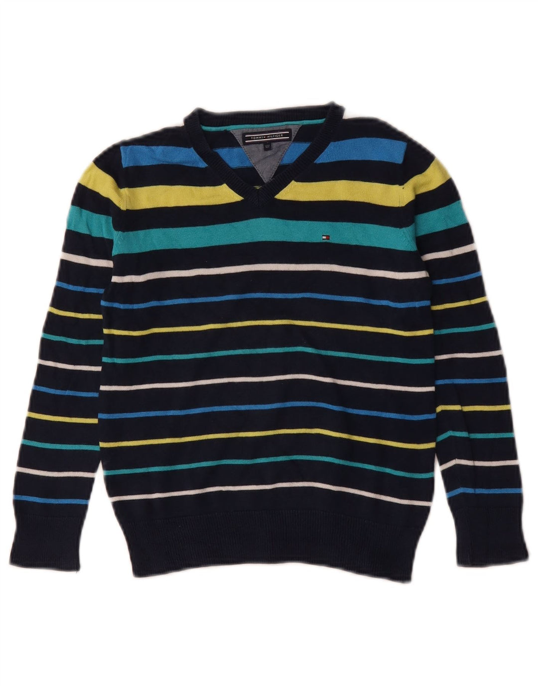 TOMMY HILFIGER Maglione maglione con scollo a V per ragazzi 6-7 anni a righe multicolori