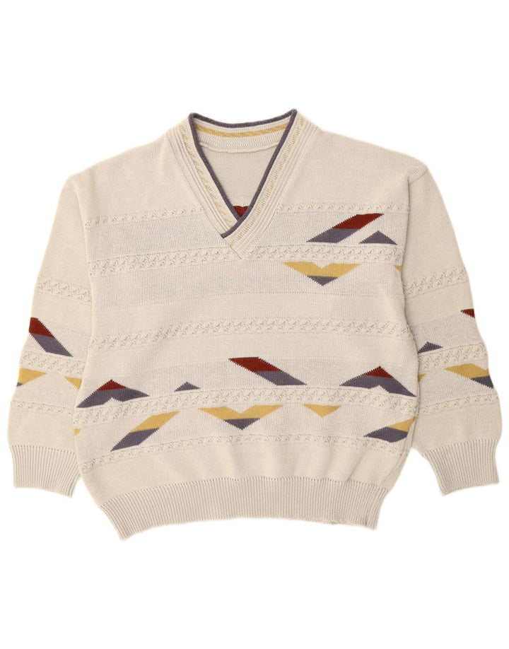 Maglione vintage da uomo con scollo a V XL bianco geometrico