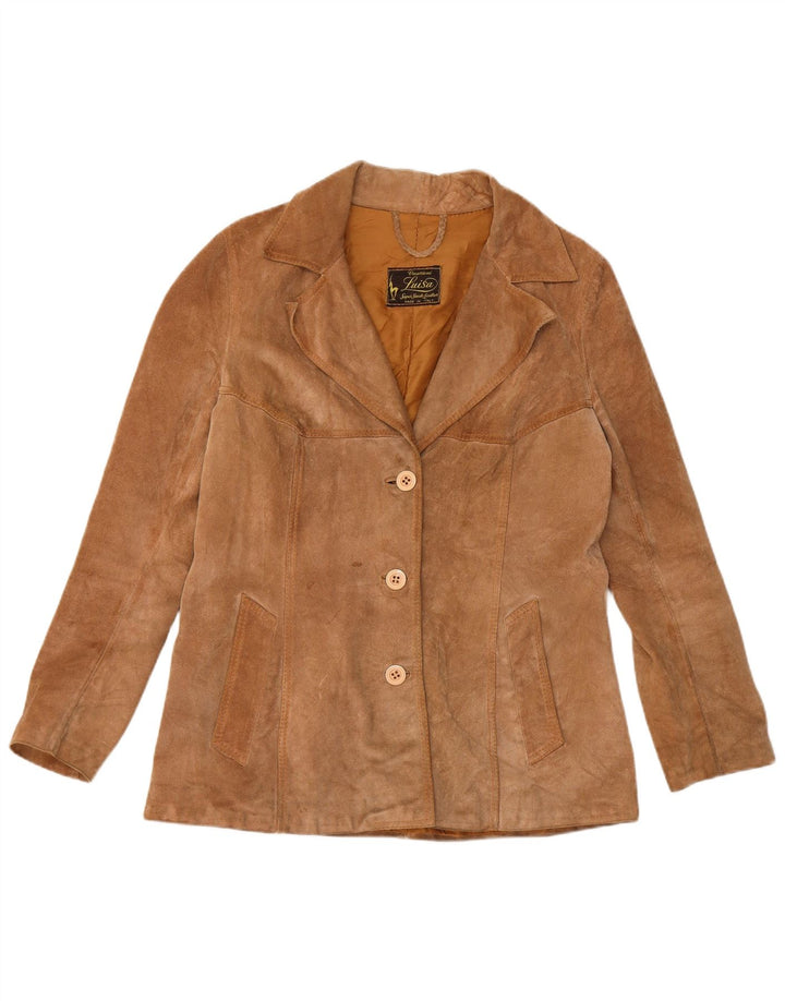 Giacca blazer vintage in pelle scamosciata a 3 bottoni da donna UK 12 Marrone medio