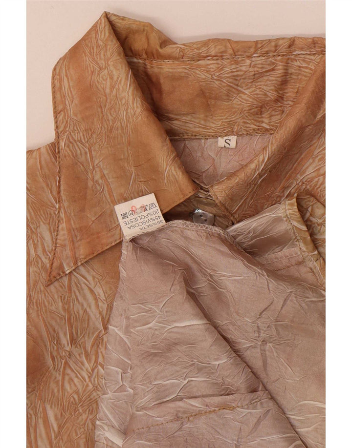Camicetta camicia a maniche a 3/4 con motivo astratto vintage da donna UK 10 piccola marrone