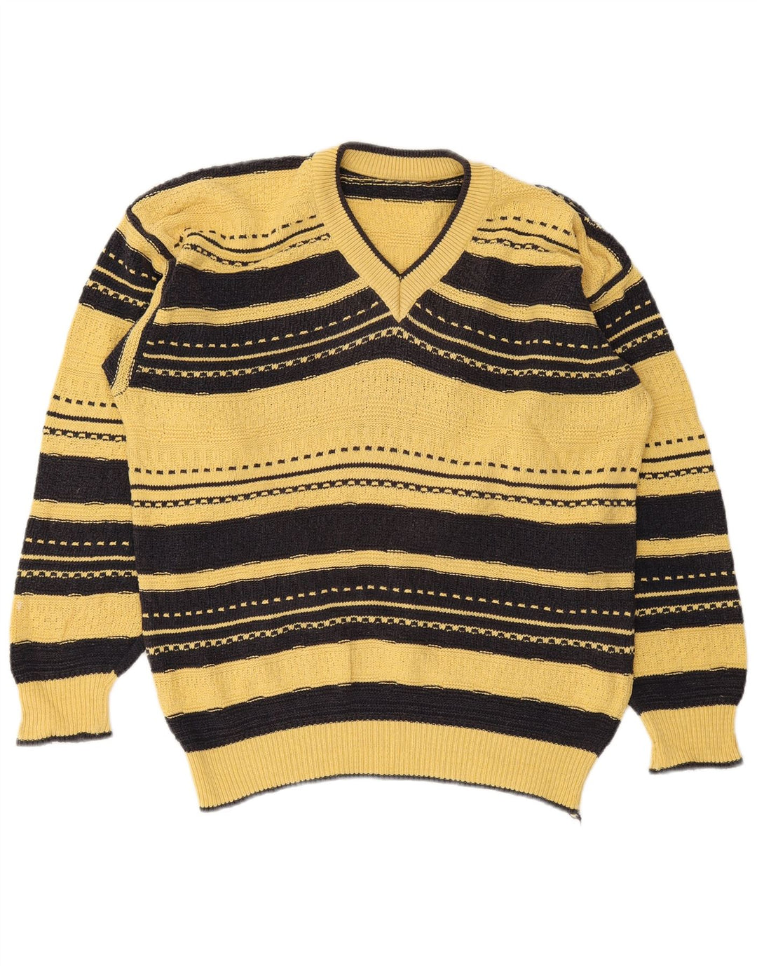 Maglione vintage da uomo con scollo a V a righe grandi gialle