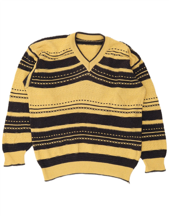 Maglione vintage da uomo con scollo a V a righe grandi gialle