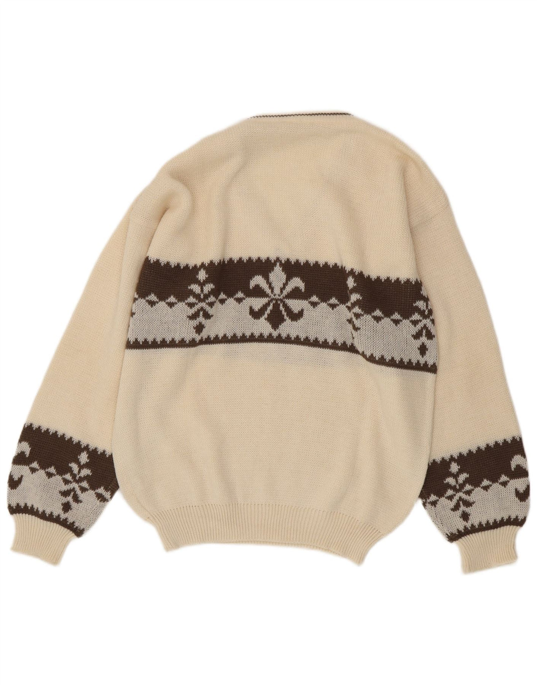 Maglione vintage da uomo con scollo a V, grande lana Fair Isle bianca