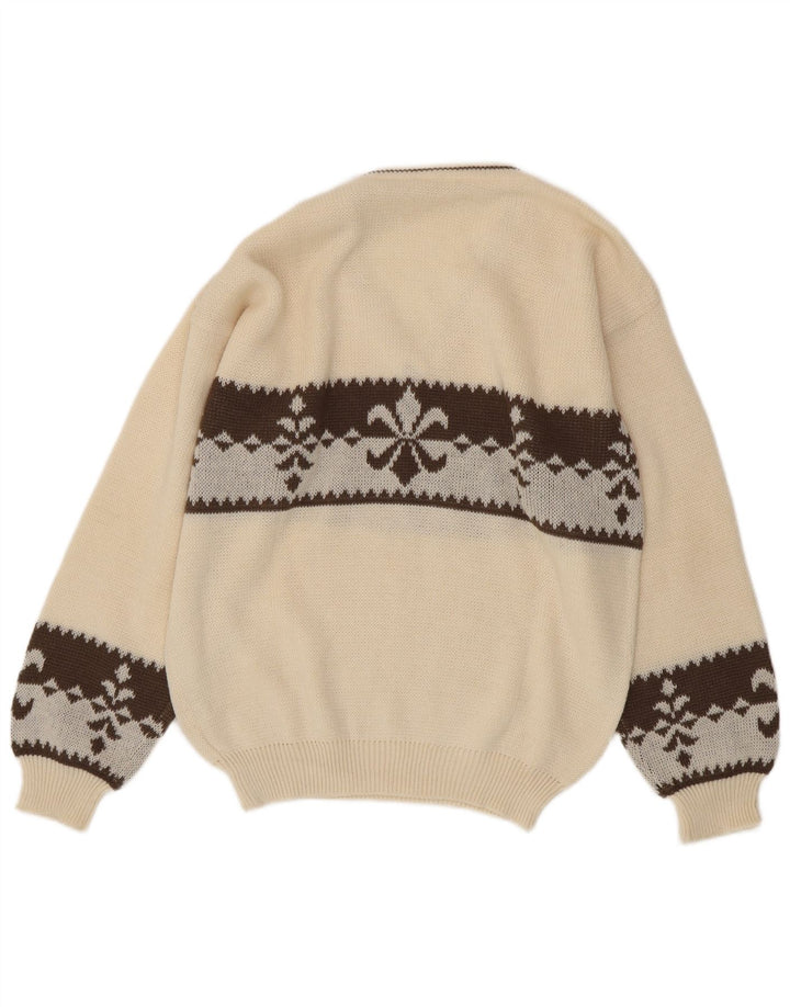 Maglione vintage da uomo con scollo a V, grande lana Fair Isle bianca