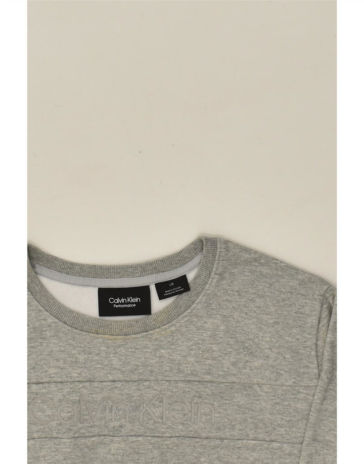 CALVIN KLEIN Womens Graphic Sweatshirt Jumper UK 16 Large Grey Polyester Vintage Calvin Klein and Second-Hand Calvin Klein from Messina Hembry 