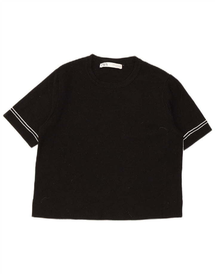 ZARA Maglione Corto da Donna Girocollo a Maniche Corte UK 12 Medio Nero