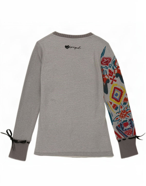 Desigual Donna Graphic Top manica lunga UK 12 Cotone geometrico grigio medio