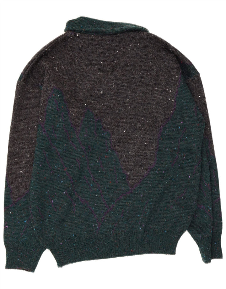 Maglione vintage da uomo con collo a scialle grafico medio chiazzato multicolore
