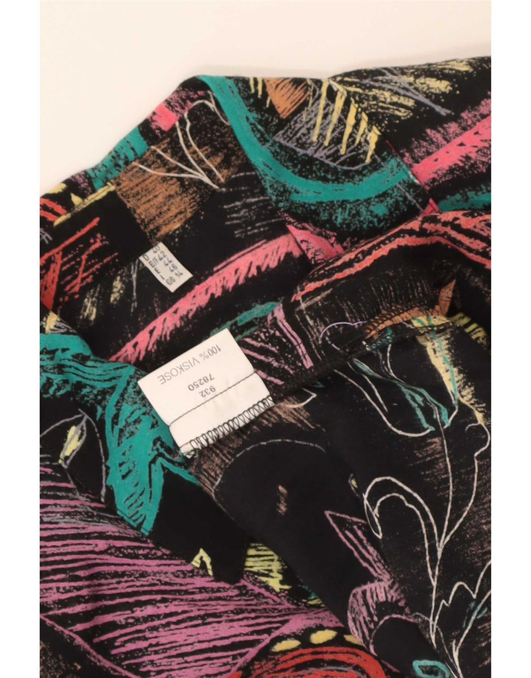 Camicetta camicia vintage da donna UK 14 grande viscosa patchwork multicolore