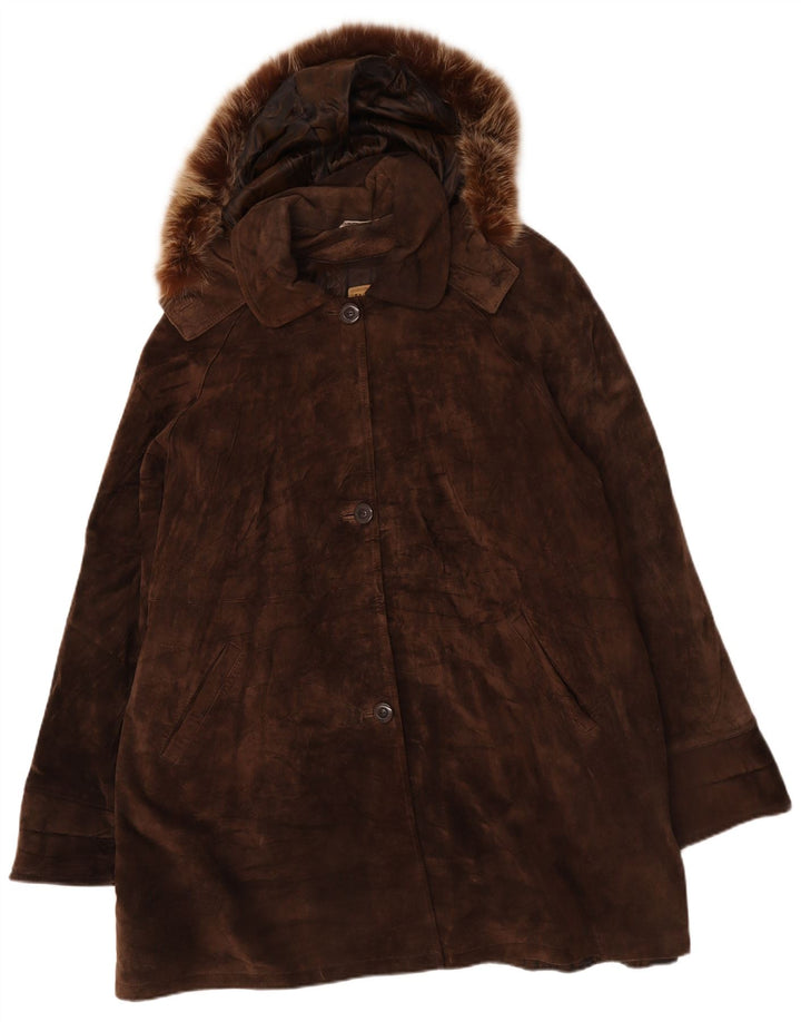 Soprabito oversize da donna in pelle scamosciata con cappuccio Privilegi IT 48 XL in pelle marrone