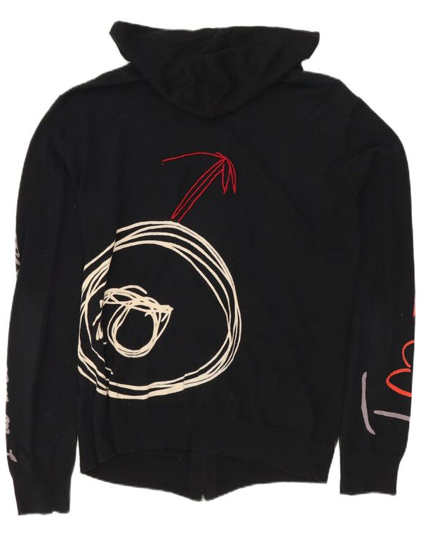 DESIGUAL Womens Graphic Hooded Cardigan Sweater UK 18 XL Black Cotton