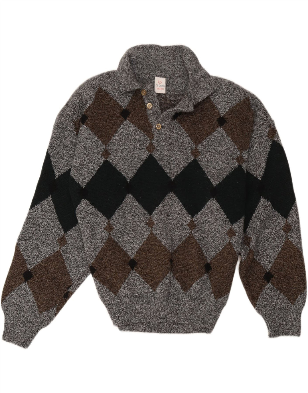 Maglione vintage da uomo con collo alto, grande grigio a rombi/diamante