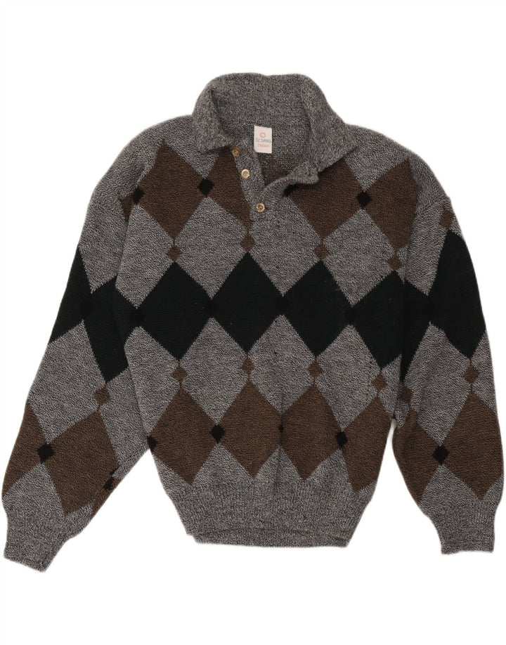 Maglione vintage da uomo con collo alto, grande grigio a rombi/diamante
