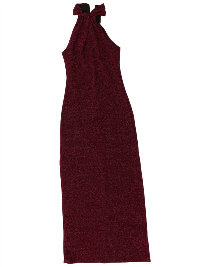 Abito maxi da donna vintage con scollo all'americana UK 8 Piccolo poliestere screziato marrone