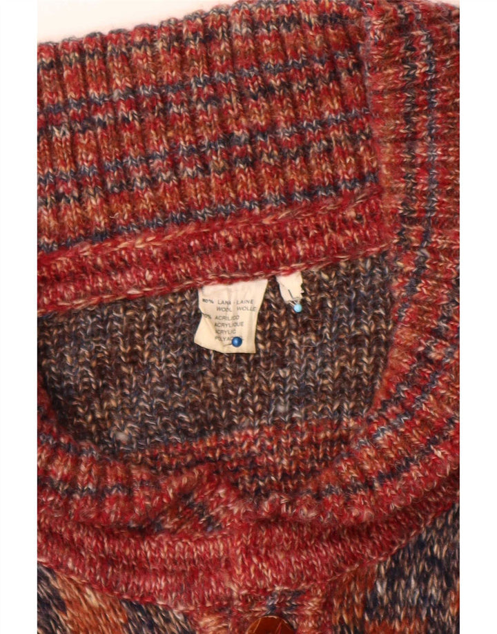 Maglione cardigan lungo da uomo vintage in lana geometrica multicolore grande