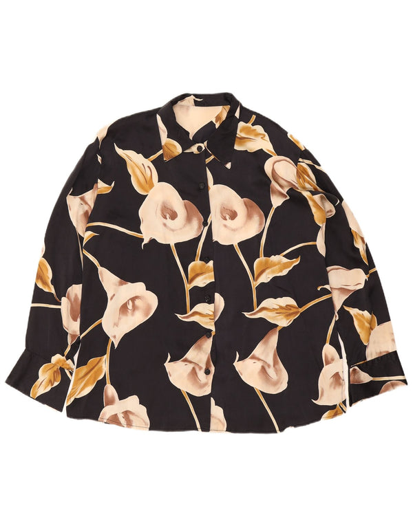 Camicetta camicia vintage da donna UK 42 2XL Poliestere floreale nero