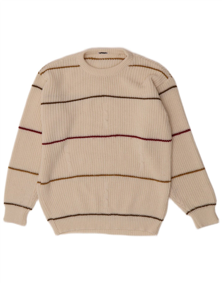 Maglione maglione girocollo da uomo vintage in acrilico a righe bianco sporco medio