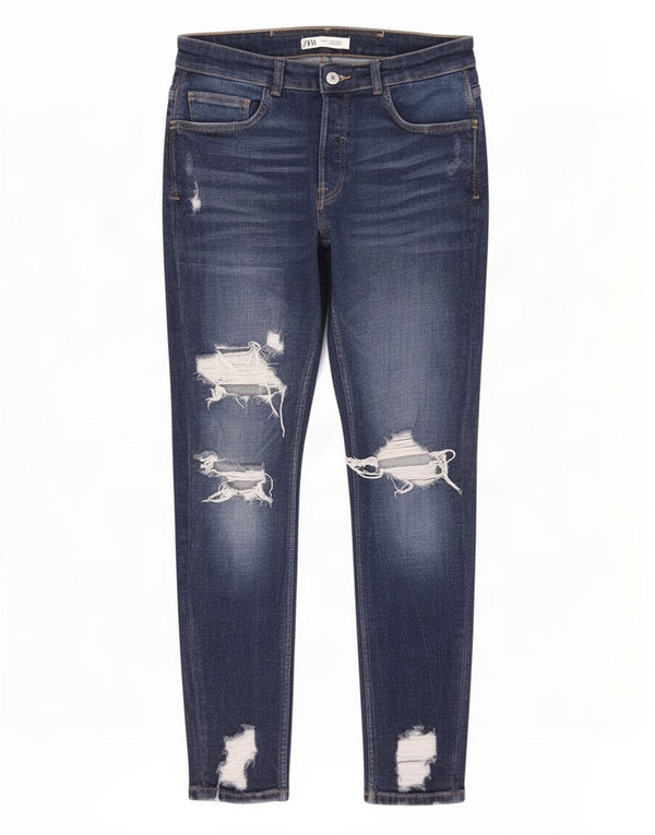 Jeans slim invecchiati da uomo Zara EU 42 Large W32 L30 cotone blu