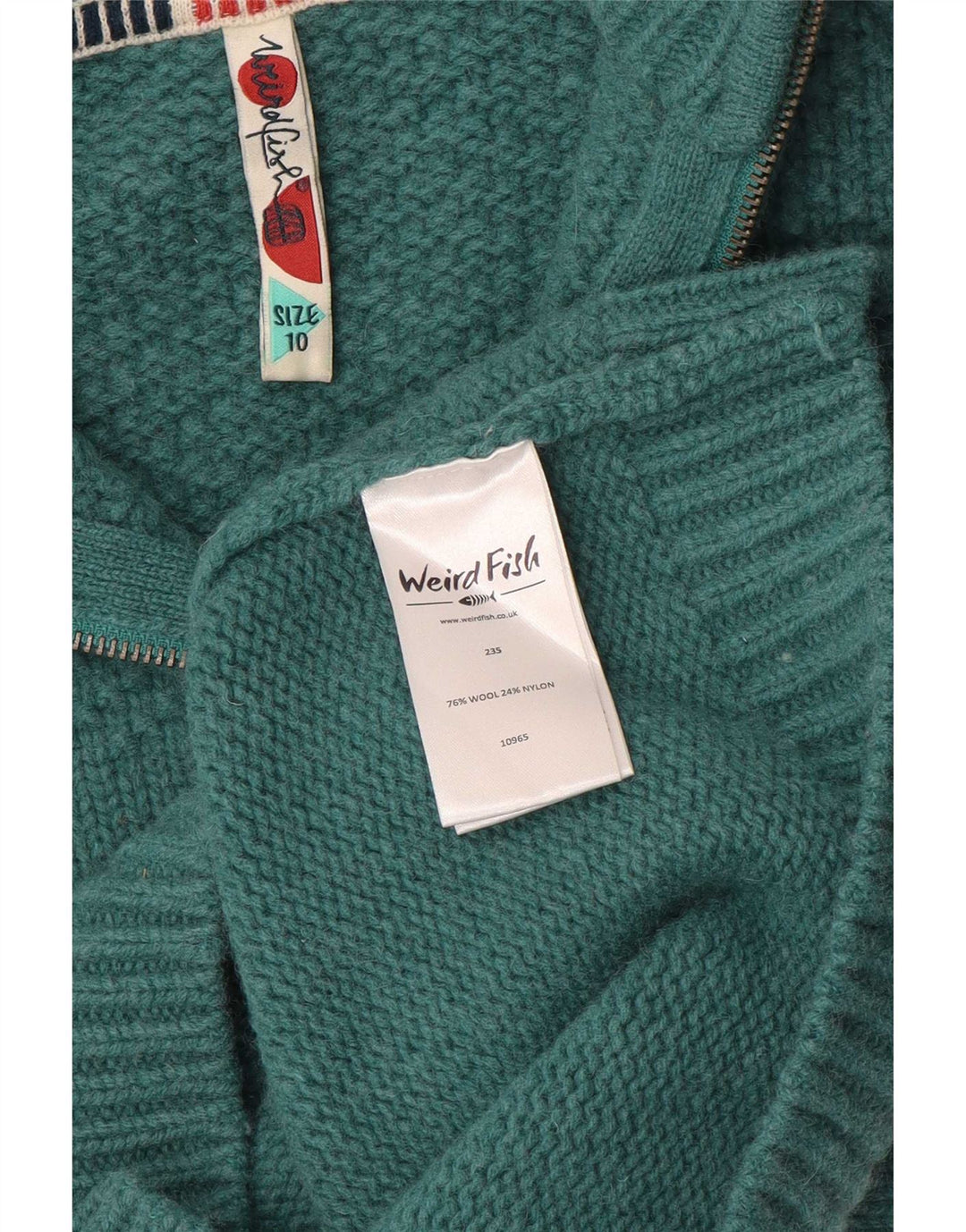 Maglione maglione con collo con zip da donna Weird Fish UK 10 piccolo lana verde