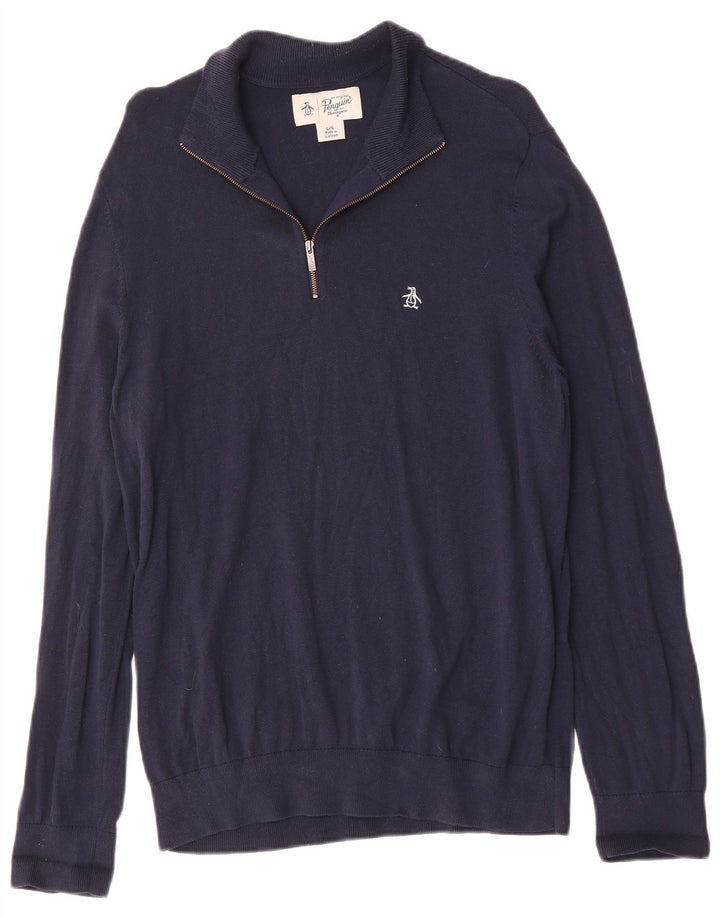 Maglione da uomo con zip e collo Penguin, grande, in cotone blu navy