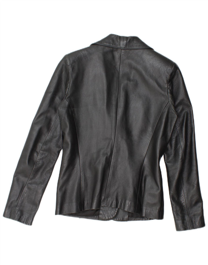 Giacca blazer in pelle vintage da donna a 2 bottoni UK 12 media nera